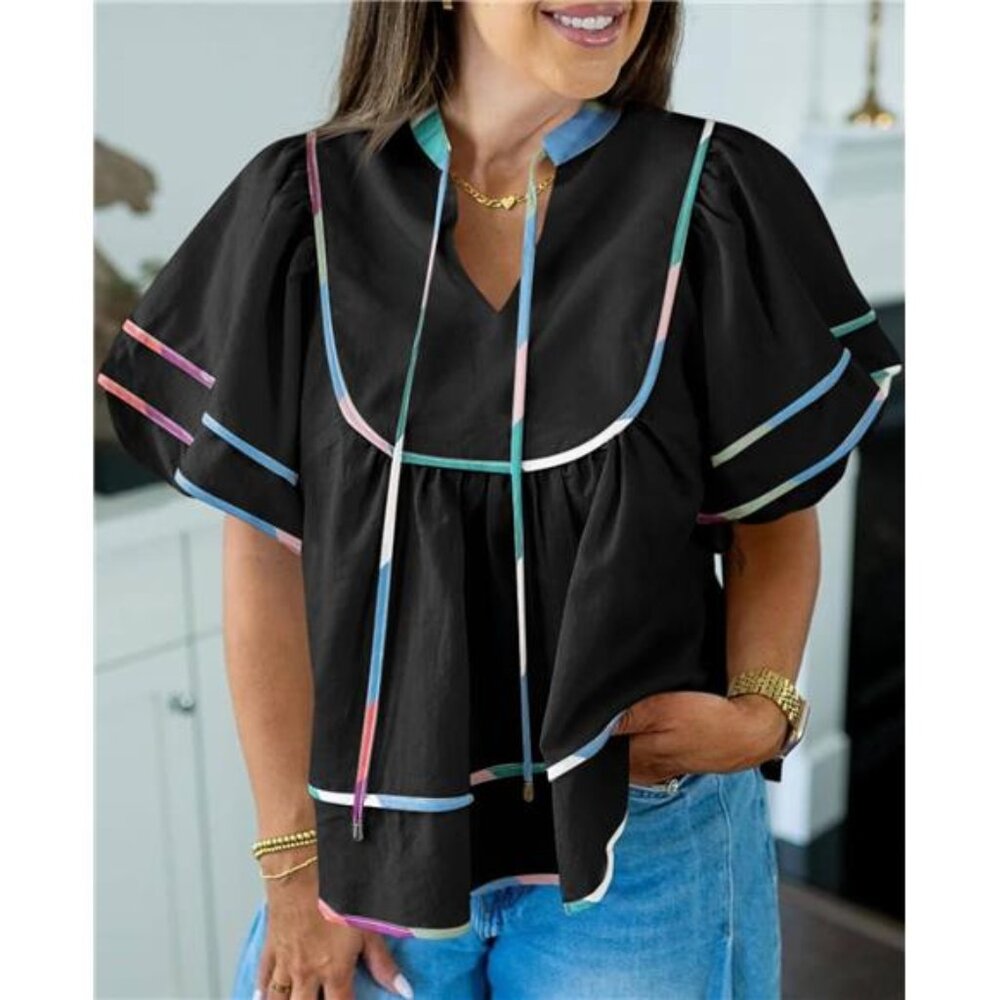 🌸 Women’s V-Neck Babydoll Top – Lantern Sleeve Peplum Blouse